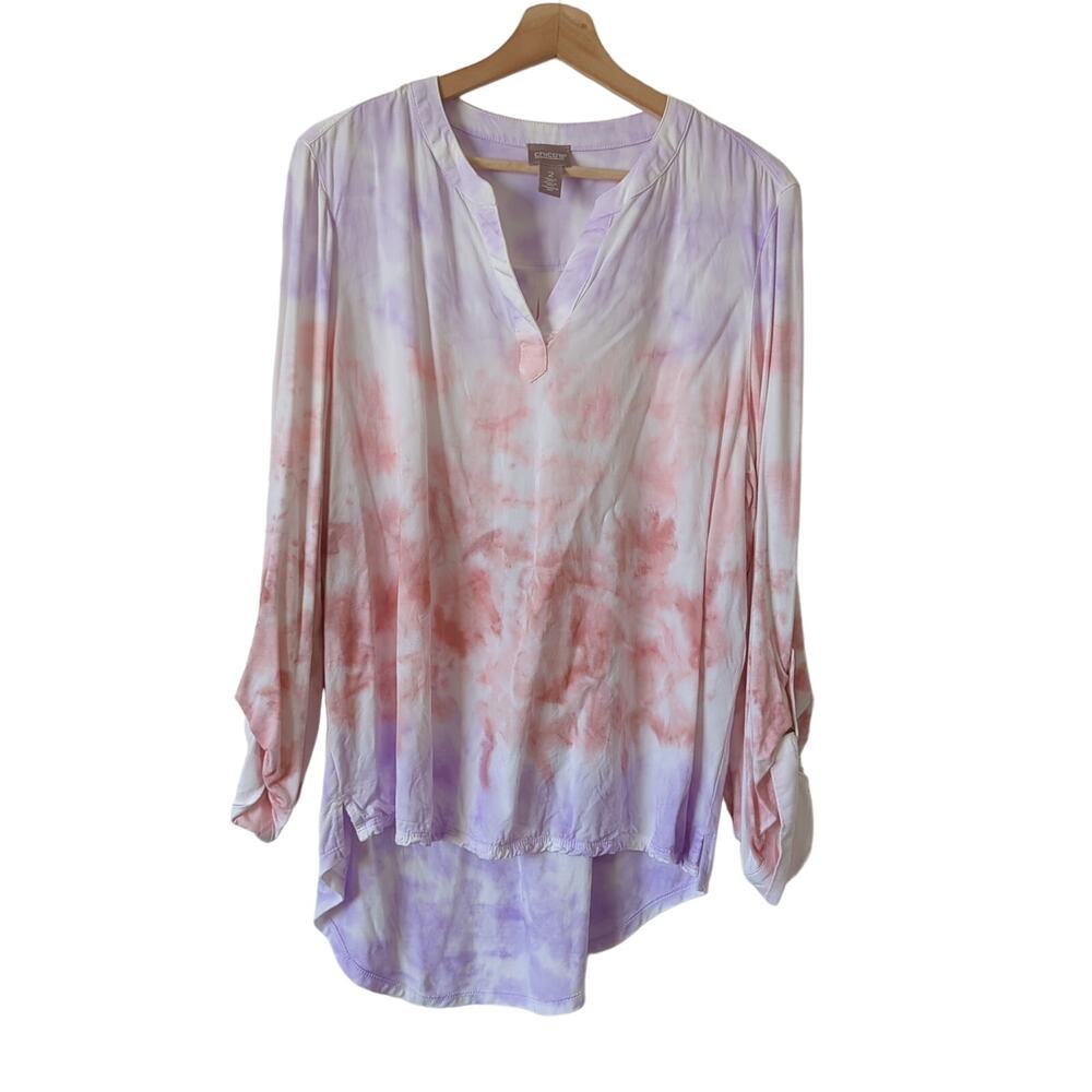 Chico's Pullover Top‎ Womens 2 L Dip Tie Dye Pink Purple Popover Notch Neck Top